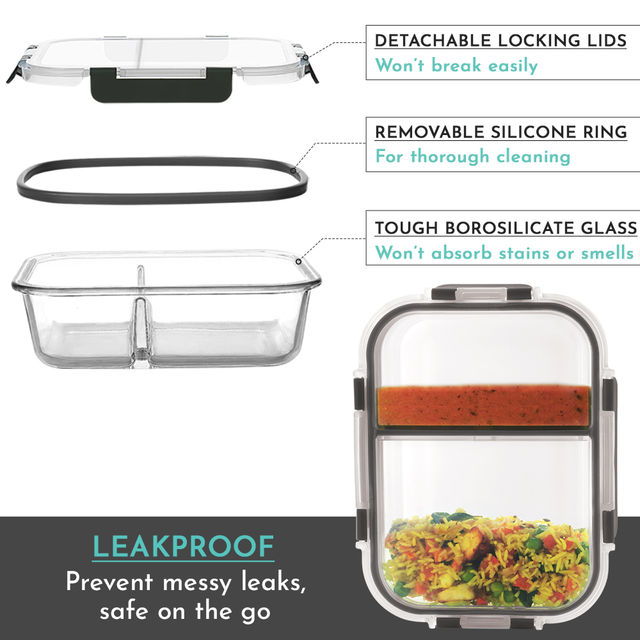 Magnus Glock 970 ml Divider Grey Container with Airtight Lid & Detachable Lock, Borosilicate Glass