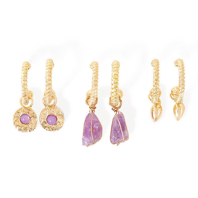Accessorize London Women Purple Raw Stones Huggie Hoop Earring Pack
