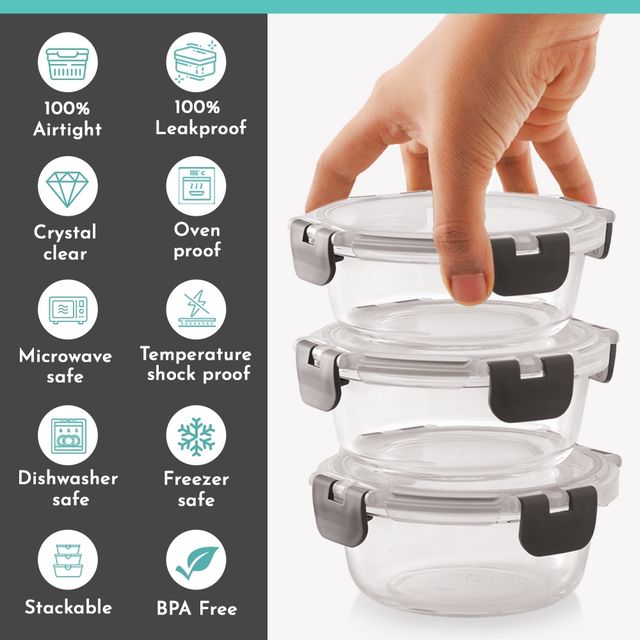 Magnus Glock Solid Glass Lunch Box- Vertical Pouch- 3 Round Containers-400Ml Each - Grey
