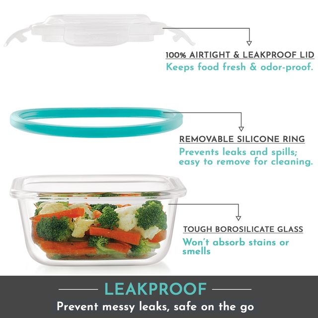 Magnus Vivid Solid Glass Lunch Box- Vertical Pouch- Fixed Clip-3 Square Glass Containers-320Ml Each