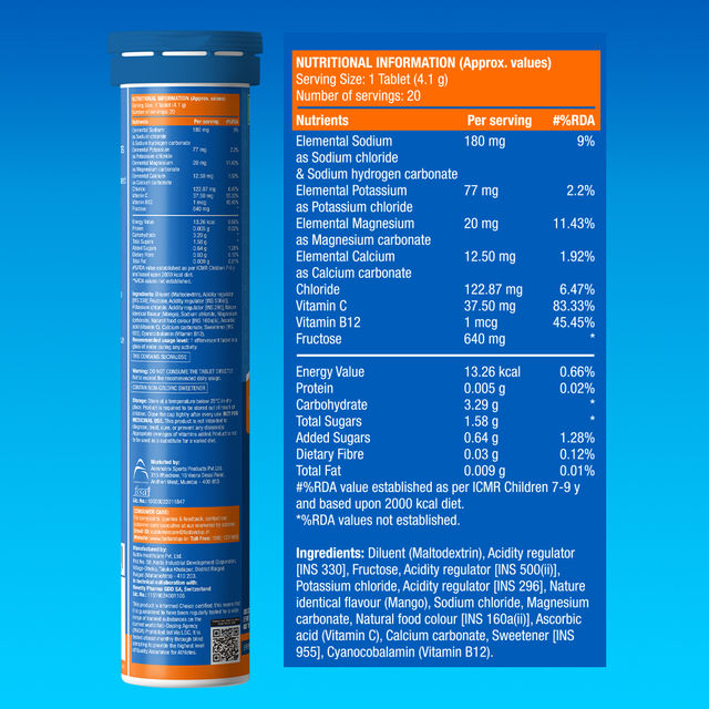 Fast&Up Reload Energy Drink Electrolyte Low Sugar - Mango Flavour 20 Effervescent Tablets