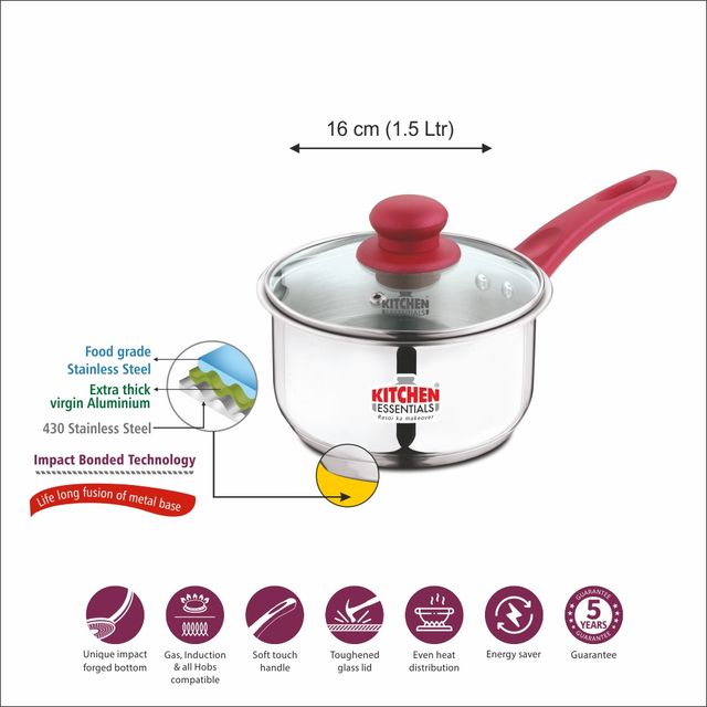Kitchen Essentials Perpetua-Impact Forged Bottom Sauce Pan 16 with Glass lid, Soft Touch handles
