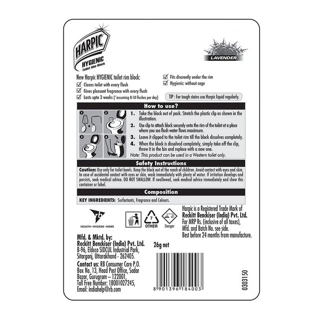 Harpic Hygienic Toilet Cleaner Rim Block Lavender 26 g Combo