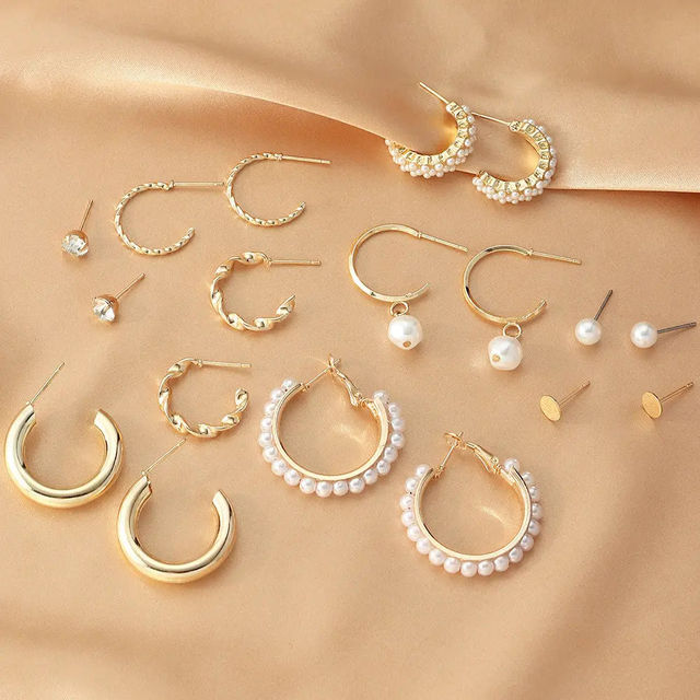 Salty Fashion Set of 9 Gold Chunky Real Freshwater Pearl Hoops and Studs for Women
