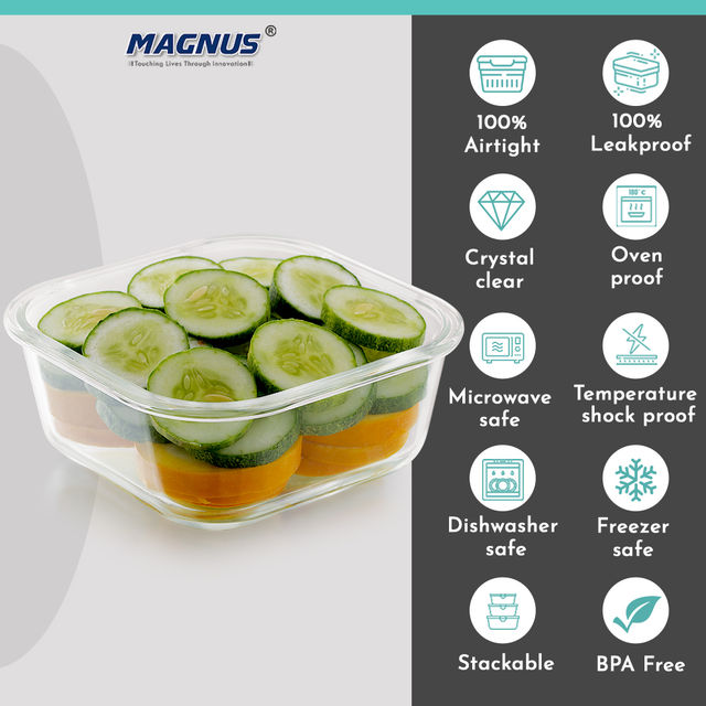 Magnus Glock 800 ml Square Grey Container with Airtight Lid & Detachable Lock, Borosilicate Glass