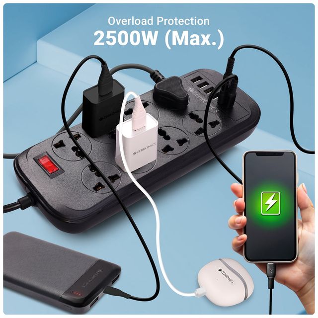 Zebronics Power Bar 282 | 2500W | 1 x Type C Port | 8 x Universal Socket | 4 + 1 USB Port