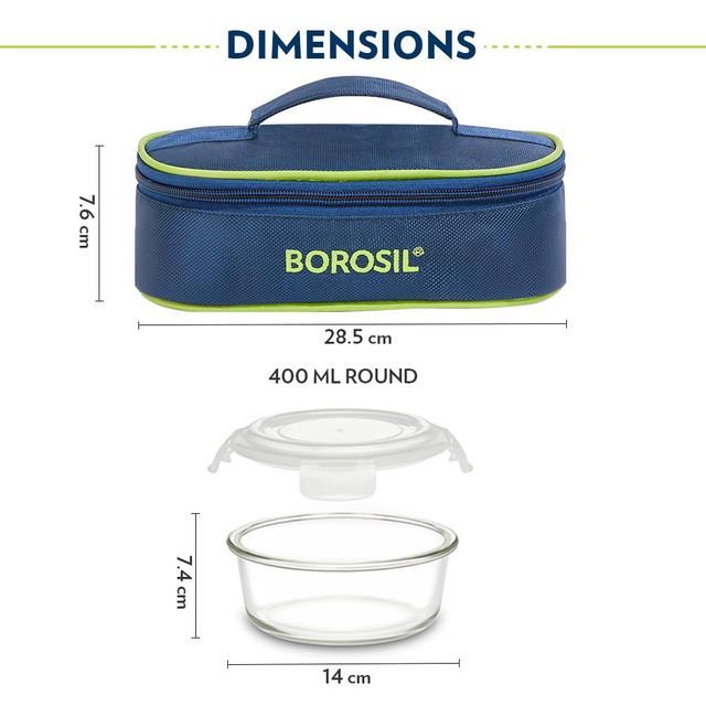 Borosil Klip n Store Lunchbox with Bag, Borosilicate Glass 2 pc Round Container Set (400 ml Each)