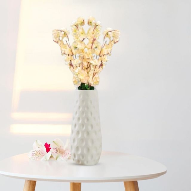 Go Hooked Artificial Red Blossom with Textured White Plastic Vase | Light Yellow Flowers with Vase