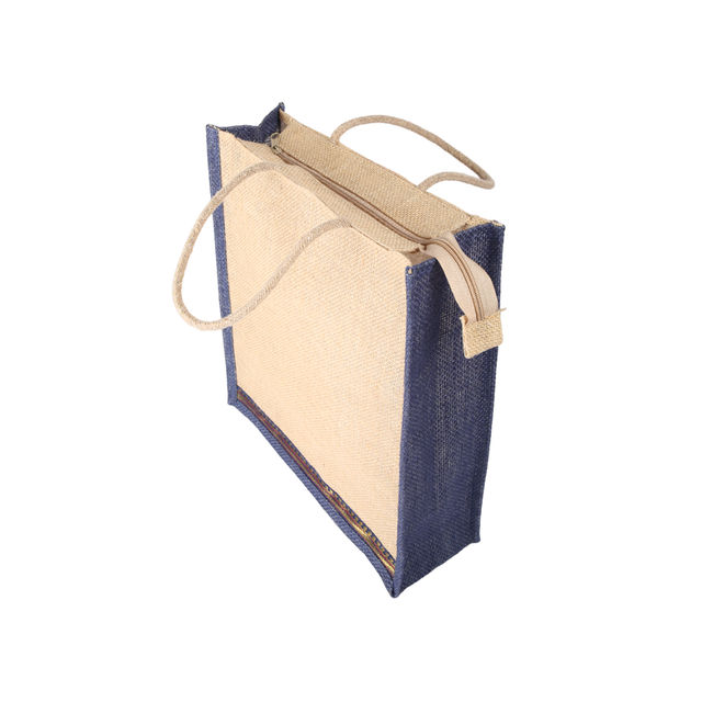 Navum Unisex Solid Jute 2 L Double Strap Jute Bag | Beige and Blue - XL