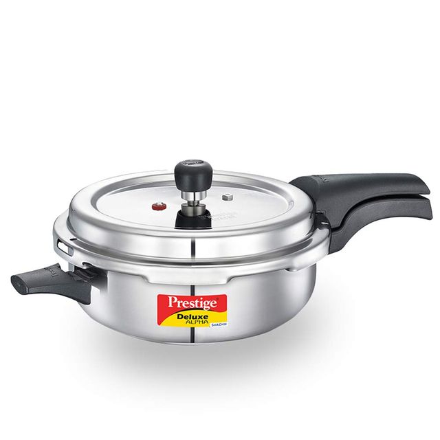 Prestige Deluxe Alpha Svachh Stainless Steel Senior Pan Pressure Cooker Control Deep Lid 4 L Silver