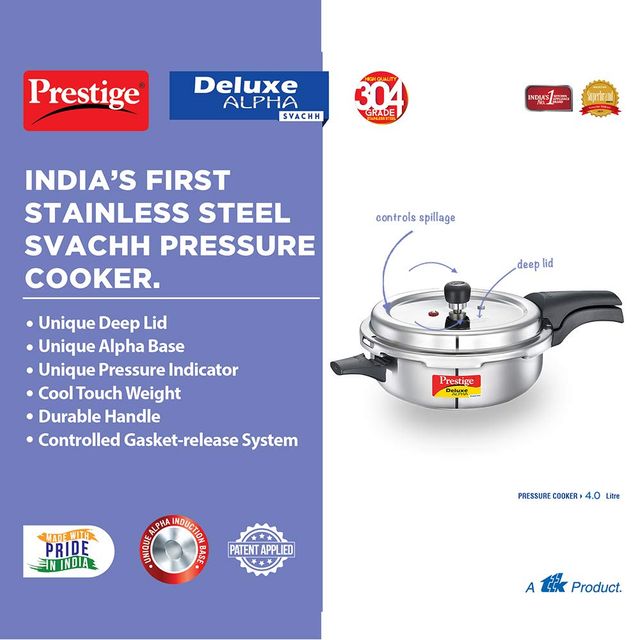 Prestige Deluxe Alpha Svachh Stainless Steel Senior Pan Pressure Cooker Control Deep Lid 4 L Silver