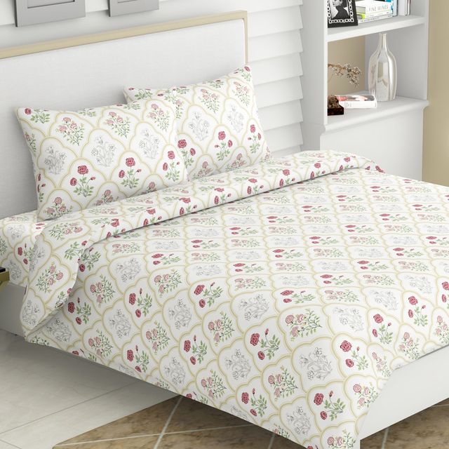 Haus & Kinder Rose Serenity King Bedsheet - 100% Cotton (270X270Cm) (1pc) & Igp Interflora Jasmine Tuberose Handpoured Candle (1pc) Combo