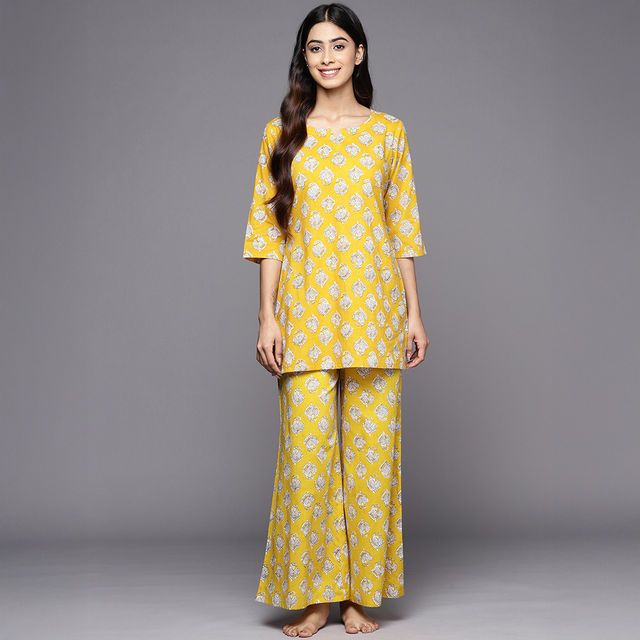 Libas Women Mustard Cotton Floral Kurti With Cotton Pyjamas - 50176S