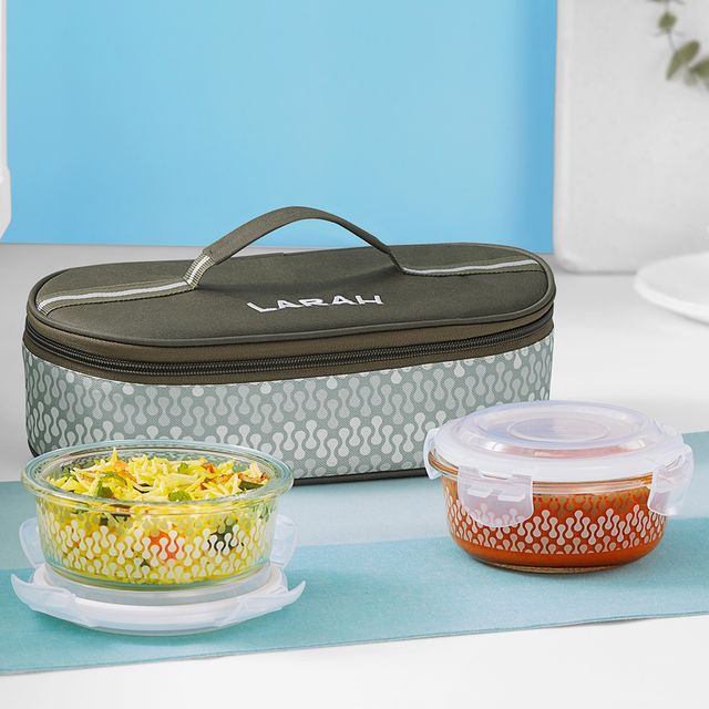 Larah Glassware Gracia Borosilicate Glass Lunchbox, 2pc Round Container | 400 ml | Microwave Safe