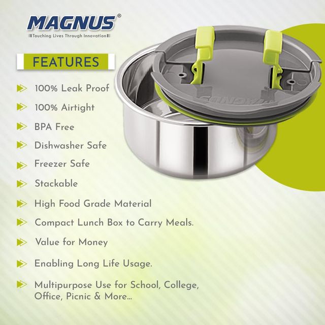 Magnus Olive 3 Lunch Box Set Leak-Proof Steel Containers for School with Insulated Bag (950 ml)