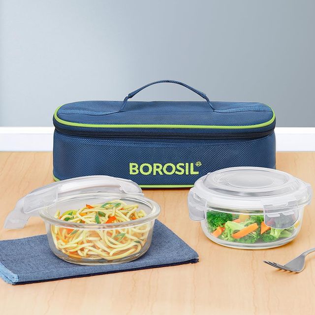 Borosil Klip n Store Lunchbox with Bag, Borosilicate Glass 2 pc Round Container Set (400 ml Each)