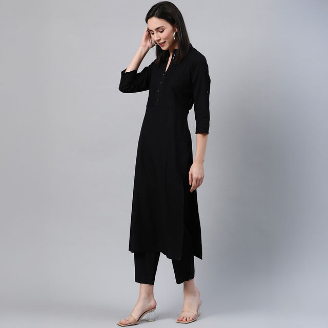 Libas Women Black Cotton Solid Straight Kurta - 12026Os