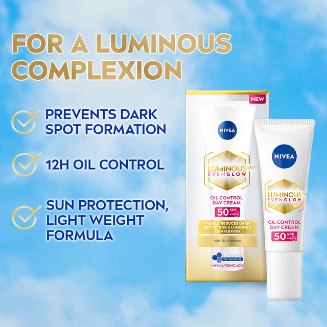 NIVEA Luminous Even Glow Oil Control Day Cream SPF 50,Thiamidol |UV protection & Reduces Dark Spots