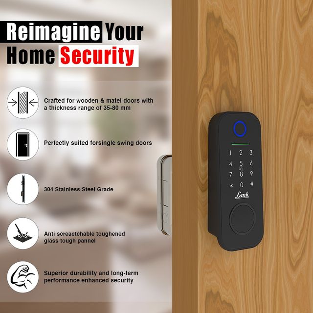 Link Smart Flexi Digital Biometric Rim Lock for Main Door | Mobile app with Wi-Fi | Black