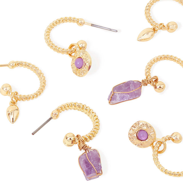 Accessorize London Women Purple Raw Stones Huggie Hoop Earring Pack