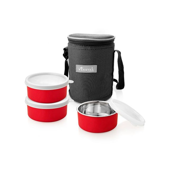 Vinayak Stainless Steel Lunch Box (Microwave Safe) (3 X 280 Ml, Red)