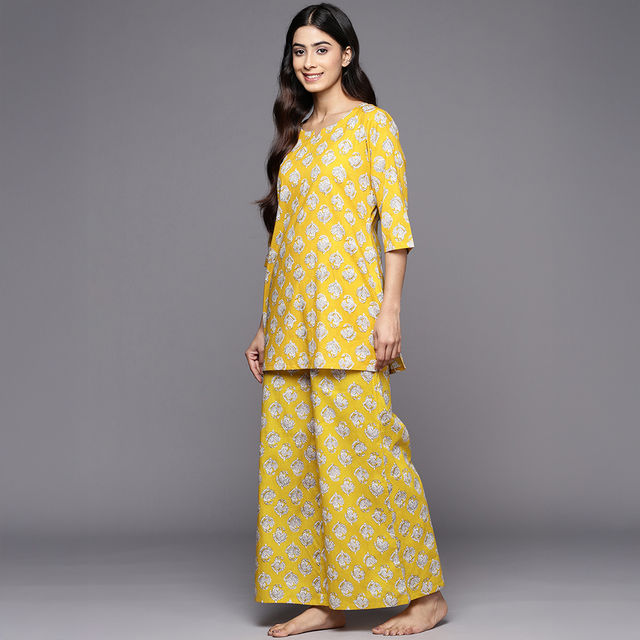 Libas Women Mustard Cotton Floral Kurti With Cotton Pyjamas - 50176S