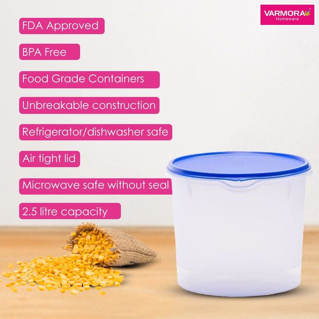 Varmora Magnum Round Plastic Storage Storage Container Transparent Air-Tight 2500ml- Blue