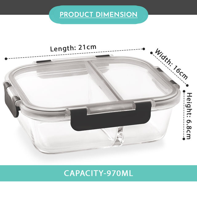 Magnus Glock 970 ml Divider Grey Container with Airtight Lid & Detachable Lock, Borosilicate Glass