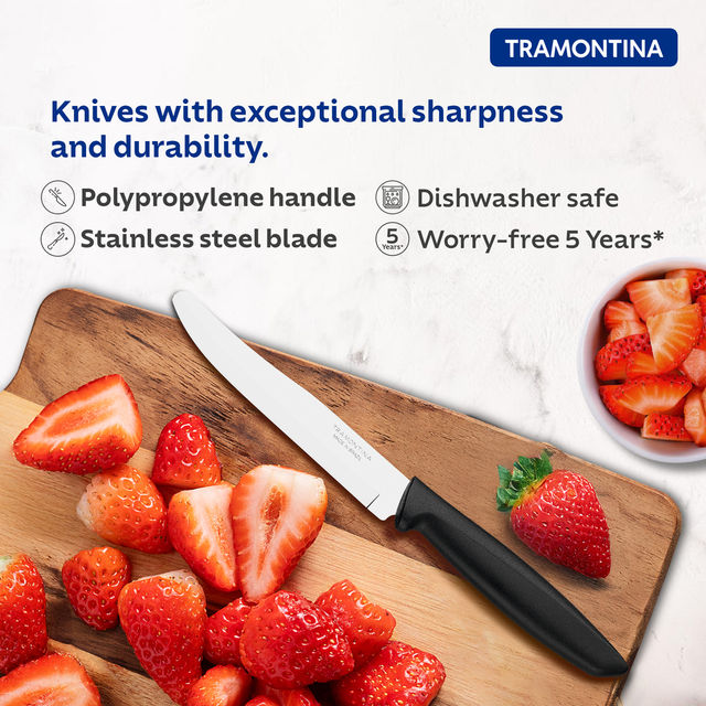 Tramontina Plenus Stainless Steel Fruit Knife/, 12cm/4.7 inch | Black | Wavy/Serrated Edge Knife | Polypropylene Handle | Dishwasher Safe | 5 Year Warranty | Made in Brazil