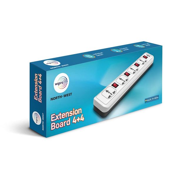 Wipro 4+4 Extension Board | 2 Meter Long Cord | Child Safety | Auto Cutoff
