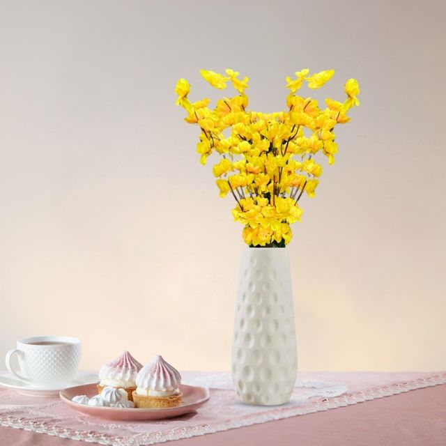 Go Hooked Artificial Red Blossom with Textured White Plastic Vase | Yellow Flowers with Vase