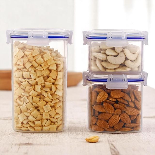 Clazkit Lock & Store Plastic Storage Jar and Container Set of 3 |Transparent