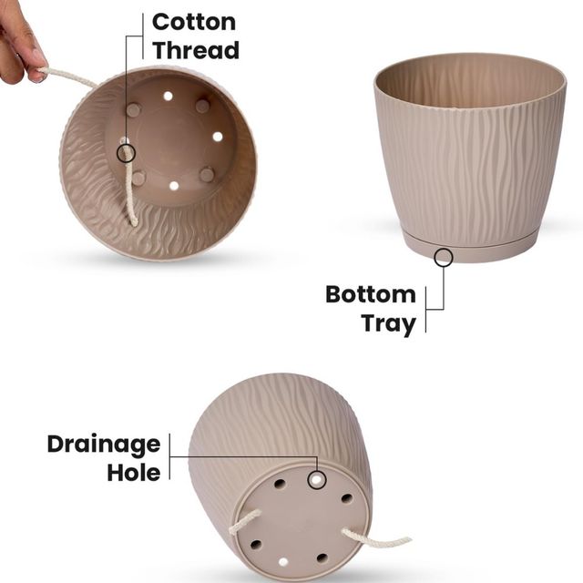 Nurturing Green - Mocha Self Watering Pots | Set of 5 | 14cm x 12.5cm | Flower Pots for Plants