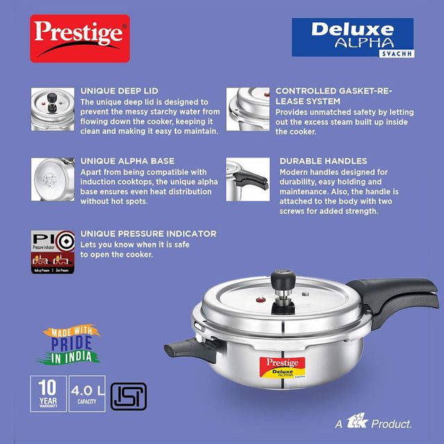 Prestige Deluxe Alpha Svachh Stainless Steel Senior Pan Pressure Cooker Control Deep Lid 4 L Silver
