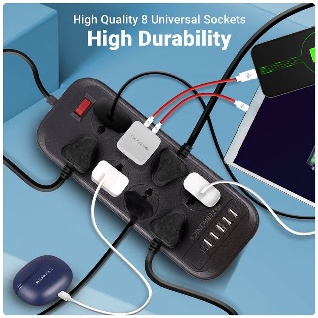 Zebronics Power Bar 282 | 2500W | 1 x Type C Port | 8 x Universal Socket | 4 + 1 USB Port