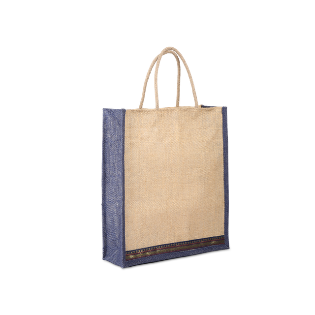 Navum Unisex Solid Jute 2 L Double Strap Jute Bag | Beige and Blue - XL