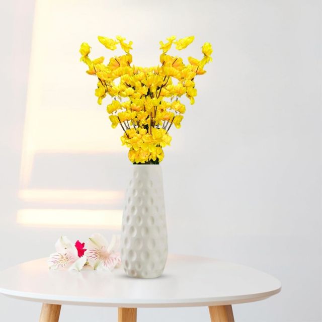 Go Hooked Artificial Red Blossom with Textured White Plastic Vase | Yellow Flowers with Vase
