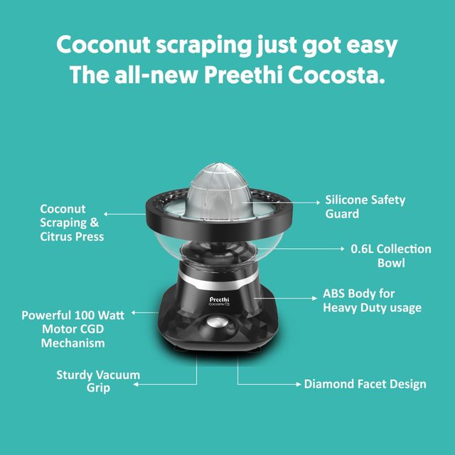 Preethi Cocosta Kp001 Coconut Scraper & Citrus Juicer | 100W - Black