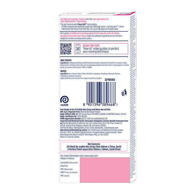 Veet Professional Waxing Strips Kit For Normal Skin | 20 Strips
