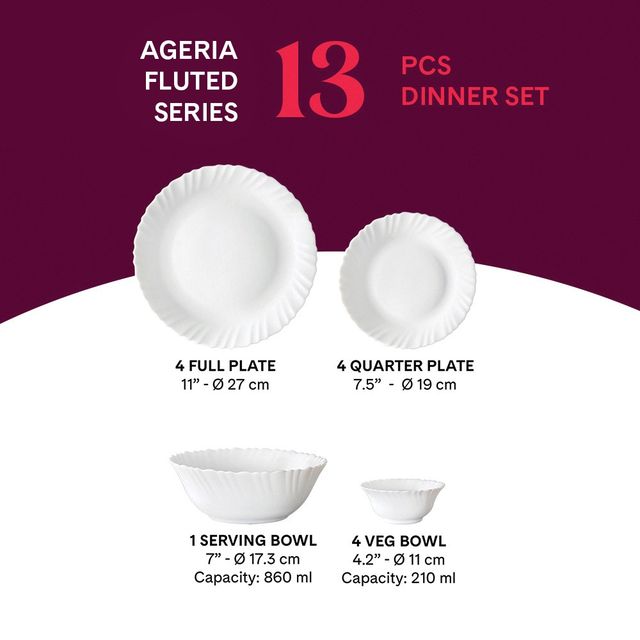 Larah By Borosil Ageria 13Pc Dinner Set Opalware Crockery For Dining & Gifting - White