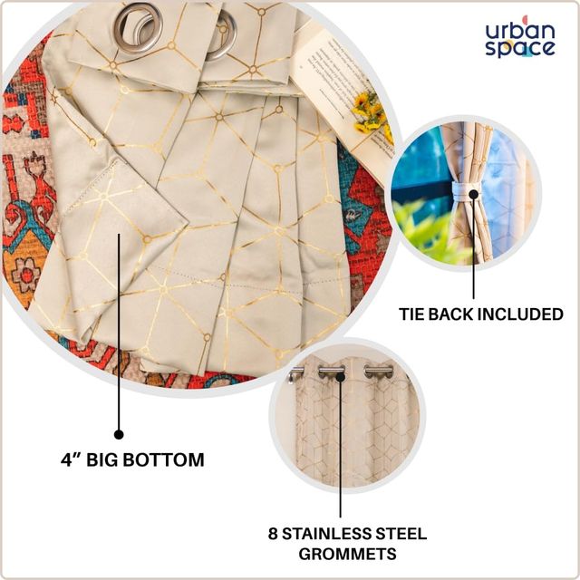 Urban Space Blackout Window Curtains for Living Room, Gold Foil Printed 1 Piece - Hexagon Beige
