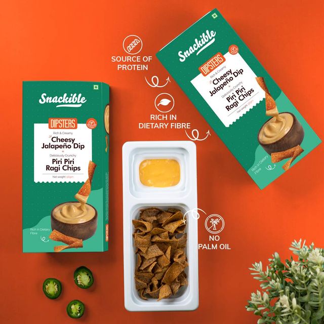 Snackible Piri Piri Ragi Chips (with Cheesy Jalapeno Dip) | High Fibre
