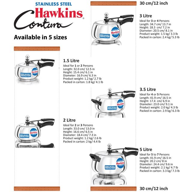 Hawkins 5 Litre Contura Pressure Cooker Stainless Steel Inner Lid Cooker Induction Cooker - Silver