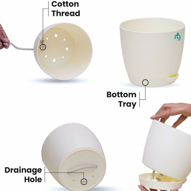 Nurturing Green - Self Watering Pots | Set of 3 | Ivory | 14cm x 12.5cm | Plant Pots with Tray