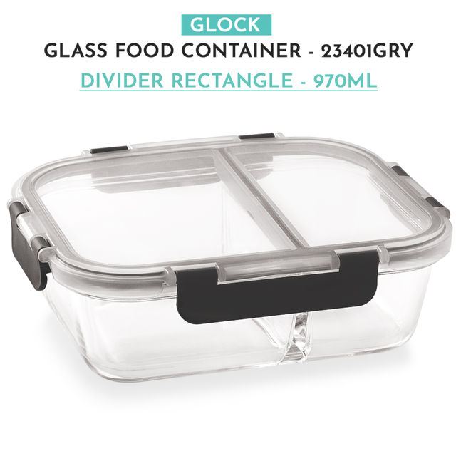 Magnus Glock 970 ml Divider Grey Container with Airtight Lid & Detachable Lock, Borosilicate Glass