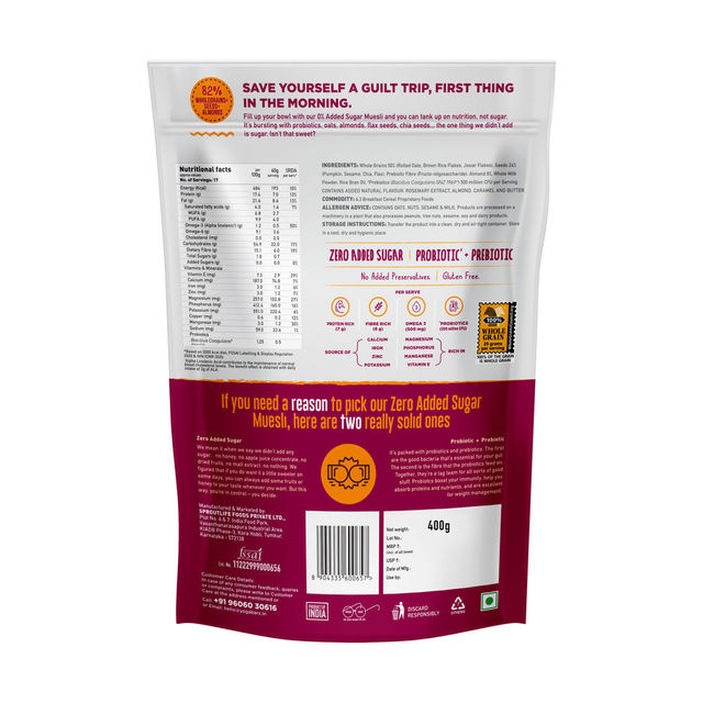 Yoga Bar No Added Sugar Muesli, Breakfast Cereal, 82% Whole Grains, Seeds, Almonds 400g
