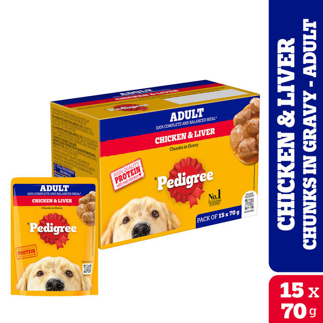 Pedigree Adult Chicken & Liver Chunks In Gravy Wet Dog Food, 15 x 70g,Pack of 2