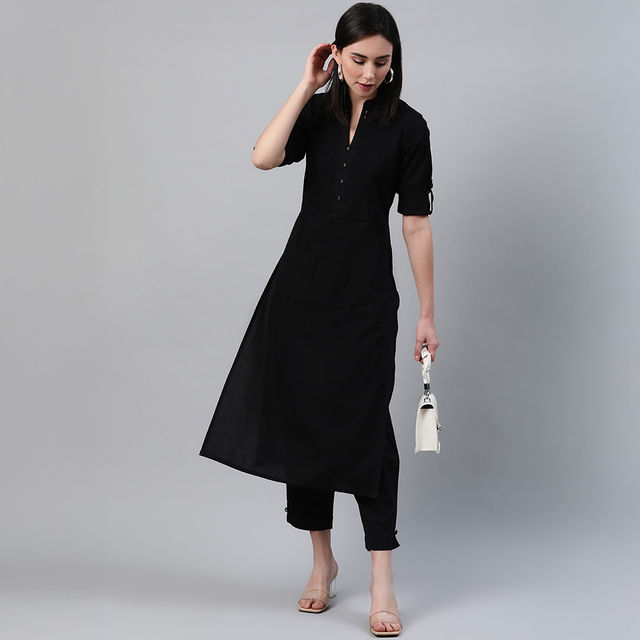 Libas Women Black Cotton Solid Straight Kurta - 12026Os