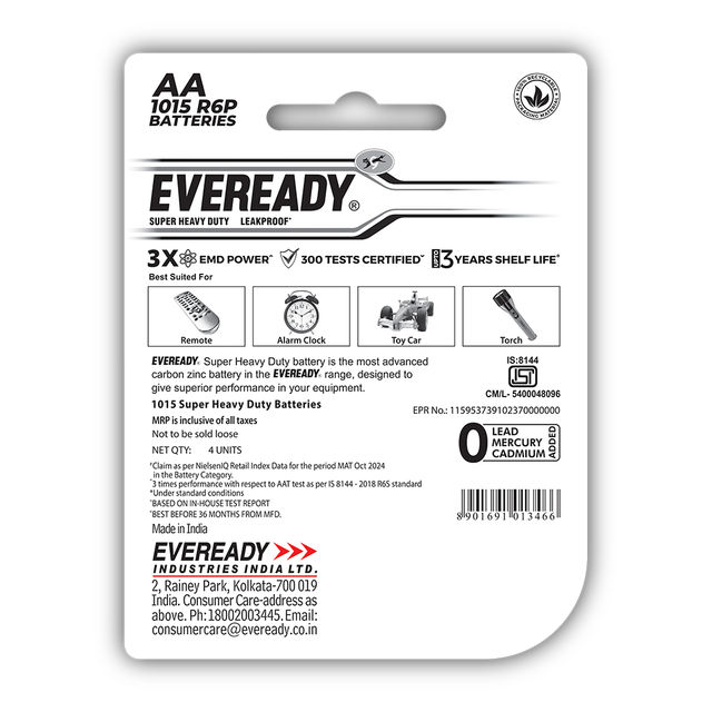 Eveready Carbon Zinc AA Battery 4 pc Combo