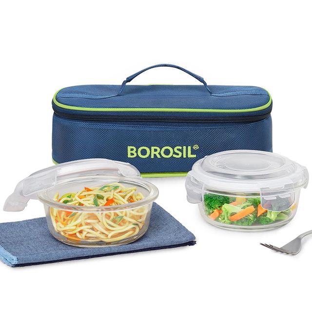 Borosil Klip n Store Lunchbox with Bag, Borosilicate Glass 2 pc Round Container Set (400 ml Each)